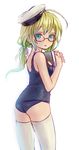  ahoge ama-tou aqua_eyes ass blonde_hair blush book glasses hat i-8_(kantai_collection) kantai_collection long_hair one-piece_swimsuit open_mouth red-framed_eyewear sailor_hat school_swimsuit short_twintails solo swimsuit thighhighs twintails white_legwear 