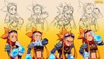  1girl angry blush breasts cryamore cryamore_condenser detached_sleeves duplicate esmyrelda_maximus expressions facepalm freckles gloves goggles goggles_on_head highres long_hair midriff orange_hair pauldrons red_scarf robert_porter scarf shocked_eyes sidelocks solo spiked_hair suspenders sweatdrop zoom_layer 
