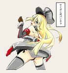  bismarck_(kantai_collection) black_panties blonde_hair blue_eyes blush cross gloves grey_legwear hat iwasaki_takashi kantai_collection long_hair military military_hat military_uniform open_mouth panties solo thighhighs translation_request underwear uniform 