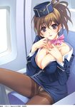  1girl 2008 airplane airplane_interior blush breast_squeeze breasts brown_hair cleavage hat highres ikeda_yasuhiro large_breasts open_clothes open_shirt original panties panties_under_pantyhose pantyhose pantyshot purple_eyes shirt short_hair sitting smile solo stewardess sweat underwear uniform upskirt 
