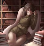  1girl absurdres artist_request book bookshelf brown_hair chair female glasses highres light_smile long_sleeves nicoby red-framed_glasses short_hair sitting sleeves_past_wrists smile solo sweater 