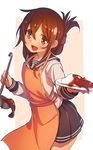  apron brown_eyes brown_hair curry curry_rice folded_ponytail food half_updo highres inazuma_(kantai_collection) kantai_collection ladle looking_at_viewer open_mouth rice shiba_nanasei solo spilling 