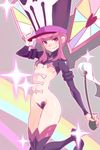  boots breasts c-string hat hat_tip highres jakuzure_nonon kill_la_kill medium_breasts navel pink_eyes pink_hair revealing_clothes shako_cap smile solo supandaman symphony_regalia thigh_boots thighhighs underboob 