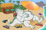  3:2 anglerfish anthro beach beard belly belly_rub big_belly cheek_fins chubby_male clothing facial_hair feet fetishame fish hi_res koa lounging male marine sand seaside solo speedo spread_toes swimming_trunks swimwear tiki_bar toes umbrella vore white_body 