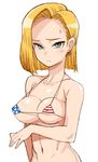  american_flag_bikini android_18 aqua_eyes bikini blonde_hair breasts covered_nipples dragon_ball earrings flag_print jewelry kyosu looking_at_viewer medium_breasts micro_bikini short_hair solo sweatdrop swimsuit wavy_mouth 