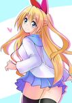  black_legwear blonde_hair blue_eyes blush hair_ribbon kirisaki_chitoge long_hair looking_at_viewer nisekoi qnakamura ribbon school_uniform skirt smile solo thighhighs 