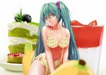  aqua_eyes aqua_hair banana bikini blueberry breasts cake food food_themed_hair_ornament frilled_bikini frills fruit grape_hair_ornament grapes hair_ornament halterneck hatsune_miku long_hair looking_at_viewer medium_breasts minigirl mr_cloud navel oversized_object parted_lips smile solo straddling strawberry swimsuit twintails very_long_hair vocaloid yellow_bikini 