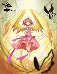  bad_singing bare_legs barefoot beamed_eighth_notes closed_eyes dress eighth_note full_body hands_clasped harpy_(puyopuyo) highres madou_monogatari music musical_note nobara_(konnttaku) open_mouth own_hands_together pink_dress pink_hair puyopuyo short_hair singing solo standing standing_on_one_leg treble_clef wings yellow_background 