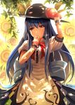  backlighting blue_hair bow dappled_sunlight flower food fruit hand_to_own_mouth hat highres hinanawi_tenshi long_hair looking_at_viewer peach purple_hair rayxray red_eyes shirt short_sleeves skirt solo sunflower sunlight tears touhou very_long_hair wrist_cuffs 