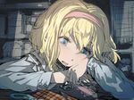  alice_margatroid blonde_hair blue_eyes blush capelet colorized drooling geppewi hairband hand_on_own_face long_sleeves necktie open_mouth saliva scissors short_hair sketch smile solo table touhou 
