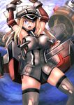  bad_id bad_pixiv_id bismarck_(kantai_collection) blonde_hair blue_eyes blush cannon grey_legwear hat highres kantai_collection long_hair military military_hat military_uniform open_mouth solo takahashi_rodemu thighhighs torn_clothes turret uniform weapon 