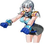  1girl bandai_namco banpresto blue_eyes breasts cleavage gloves highres open_mouth seolla_schweizer short_hair silver_hair skirt solo super_robot_wars super_robot_wars_original_generation 