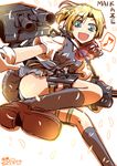  aqua_eyes black_legwear blonde_hair blush bow cannon character_name kantai_collection kneehighs maikaze_(kantai_collection) open_mouth panties ponytail school_uniform short_hair short_sleeves skirt solo takana_shinno turret underwear weapon white_panties 