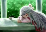  bow closed_eyes cup hair_bow log_horizon long_hair reinesia_el_arte_cowen silver_hair sleeping solo sorara teacup 