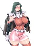  1girl armor belt black_beat blush breasts cima_garahau curvy elbow_gloves erect_nipples gloves green_hair gundam gundam_0083 hand_on_hip large_breasts leotard long_hair mound_of_venus pixiv_manga_sample see-through shoulder_pads simple_background skin_tight skirt smile solo staff thick_thighs thighhighs thighs tight white_background wide_hips 