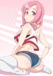  amatsuka_megumi_(gj-bu) american_flag ass breasts denim denim_shorts dimples_of_venus flag_background gj-bu highres large_breasts looking_at_viewer looking_back nori_(akusei_shinseibutsu) pink_hair short_shorts shorts sitting smile solo thighhighs wariza white_legwear 