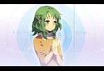  alternate_hairstyle blush green_eyes green_hair gumi half_updo hand_on_own_wrist highres jewelry karpin letterboxed parted_lips petals ring short_hair sidelocks solo song_name upper_body vocaloid 