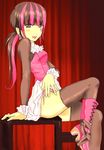  1girl bangs black_hair blush boots curtains deviantart draculaura earrings facial_mark fashion heart lips lipstick long_hair looking_at_viewer monster_high multicolored_hair open_mouth panties pink_hair pink_panties red_background side-tie_panties simple_background sitting skirt_lift solo teeth thighhighs thighs vampire 