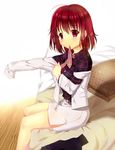  bad_id bad_pixiv_id blush cnm commentary dressing horikawa_raiko jacket looking_at_viewer miniskirt morning mouth_hold on_bed open_clothes open_jacket pillow red_eyes red_hair ribbon ribbon_in_mouth shirt sitting sitting_on_bed skirt solo touhou 