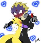  abs beelzemon blush chest_tuft clothed clothing digimon eyes_closed fur gloves hug jacket open_mouth red_eyes renamon takao-hikari tuft white_fur 