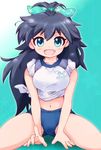  bad_id bad_pixiv_id blue_hair breasts buruma fang ganaha_hibiki idolmaster idolmaster_(classic) large_breasts long_hair looking_at_viewer midriff navel open_mouth smile solo zipang_(zip@ng_works) 