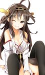  ahoge bare_shoulders black_legwear breasts brown_eyes brown_hair cleavage collarbone grin hairband highres kantai_collection kongou_(kantai_collection) long_hair medium_breasts mizushina_minato nontraditional_miko one_eye_closed smile solo thighhighs wide_sleeves 