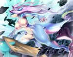  blue_body blue_eyes breasts butt claws dragon female floating green_eyes hair horn long_hair motion_blur nude shiron_(artist) smile thick_tail thick_thighs thighs white_belly wide_hips 