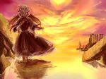  absurdres forte highres orange_sky remilia_scarlet ruins sky solo sunset touhou wading water wings 