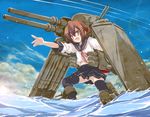  brown_eyes brown_hair cannon cloud day hair_ornament hairclip ikazuchi_(kantai_collection) kantai_collection ocean open_mouth outstretched_arm school_uniform yumesato_makura 