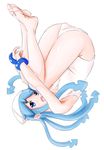  ass bad_id bad_pixiv_id barefoot blue_eyes blue_hair full_body hat highres ikamusume leg_hug long_hair ojipon one-piece_swimsuit open_mouth shinryaku!_ikamusume solo swimsuit tentacle_hair upside-down white_swimsuit 