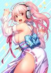  :d alternate_hairstyle arm_up back bad_id bad_pixiv_id bare_shoulders blue_bow blush bow breasts detached_sleeves from_behind headphones highres ichinose777 large_breasts long_hair looking_at_viewer nitroplus no_bra obi open_mouth pink_hair ponytail red_eyes red_ribbon ribbon ribbon-trimmed_sleeves ribbon_trim sash sideboob smile solo super_sonico thighs 