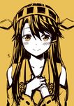  bare_shoulders blush hairband haruna_(kantai_collection) kantai_collection kouji_(campus_life) long_hair looking_at_viewer monochrome nontraditional_miko smile solo spot_color upper_body yellow 