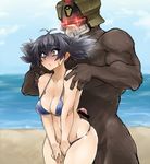  1girl beach bikini black_hair blush breasts character_request cleavage danball_senki danball_senki_wars dark_skin dark_skinned_male large_breasts long_hair penis scar shinome_akane short_hair skj swimsuit yellow_eyes 