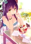  bracelet breasts cellphone chin_rest cleavage dress fingernails food hair_ornament ice_cream jewelry long_hair medium_breasts original phone purple_hair rozer sitting smartphone solo spoon spoon_in_mouth strap_slip sundae white_dress yellow_eyes 