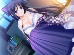  1girl black_hair blue_eyes blush book bra bra_strap breasts cleavage game_cg japanese_clothes komori_kei long_hair looking_away open_clothes ribbon ryuzouji_akane sitting skirt underwear walkure_romanze walkure_romanze_more_&amp;_more window yagasuri 