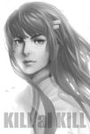  copyright_name eyebrows face greyscale hair_ornament hairclip kill_la_kill kiryuuin_satsuki lips long_hair lucha_cha monochrome nose realistic solo thick_eyebrows 