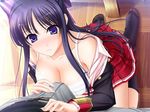  1girl black_hair blue_eyes blush bra bra_straps breasts bulge cleavage clothed_erection erection erection_under_clothes feet game_cg komori_kei long_hair pantyhose ribbon ryuzouji_akane skirt soles toes underwear walkure_romanze walkure_romanze_more_&amp;_more 