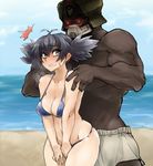  1girl beach bikini black_hair blush breasts character_request cleavage danball_senki danball_senki_wars dark_skin dark_skinned_male interracial large_breasts long_hair scar shinome_akane short_hair skj swimsuit yellow_eyes 