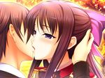  1boy 1girl black_hair blue_eyes blush game_cg kiss komori_kei long_hair mizuno_takahiro ribbon ryuzouji_akane walkure_romanze walkure_romanze_more_&amp;_more 