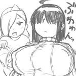  :&lt; ahoge borrowed_character bouncing_breasts bra breasts greyscale hair_over_eyes holding holding_bra huge_breasts monochrome multiple_girls original ribbed_sweater sacchan_(nyaromeron) short_hair sketch sweater triangular_headpiece tsukudani_(coke-buta) turtleneck underwear 