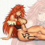  armor bandana breasts choker cleavage fur impossible_clothes large_breasts long_hair nail_polish navel panties queen's_blade red_hair red_nails risty solo tattoo thong underwear 