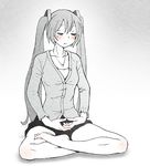  bare_legs barefoot blush casual closed_eyes collarbone dhyana_mudra feet full_body half_lotus_position hatsune_miku jewelry long_hair meditation monochrome mudra necklace short_shorts shorts sitting soles solo spot_color toes twintails very_long_hair vocaloid wokada 