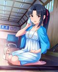  archery_dojo artist_request bag barefoot black_hair dojo dutch_angle idolmaster idolmaster_cinderella_girls jewelry mizuno_midori necklace official_art ponytail seiza sitting solo weapon_stand wooden_floor 