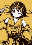  bare_shoulders hairband hand_on_hip heart hiei_(kantai_collection) kantai_collection kouji_(campus_life) looking_at_viewer monochrome nontraditional_miko one_eye_closed short_hair skirt smile solo yellow 