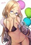  bangs black_bra black_gloves black_panties blonde_hair blue_hair bra flat_chest glasses gloves jpeg_artifacts kurukuru_(sekai_seifuku) leaning_forward long_hair natasha_(sekai_seifuku) navel off_shoulder panties parted_bangs ribs santa_(sunflower) sekai_seifuku:_bouryaku_no_zvezda skindentation solo underwear 