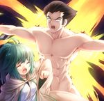 1girl abs bangs black_hair closed_eyes collarbone commentary_request duel_monster green_hair komimiyako misawa_daichi muscle my_body_as_a_shield no_pupils nude open_mouth outstretched_arms parody ponytail robe sidelocks spread_arms swept_bangs white_eyes wynn yuu-gi-ou yuu-gi-ou_gx 