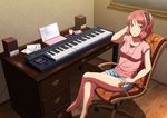  bare_legs barefoot casual computer crossed_legs cup desk drawer hand_on_headphones headphones instrument keyboard_(instrument) laptop legs legs_together looking_at_viewer love_live! love_live!_school_idol_project moyashi_(moyashi9) mug nishikino_maki purple_eyes red_hair shiny shiny_skin shirt short_hair shorts sitting smile solo speaker taut_clothes taut_shirt 