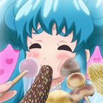  blue_hair candy cheek_poking chikuwa chocolate_banana closed_eyes corn daikon feeding food happinesscharge_precure! konnyaku_(food) lollipop long_hair mameshiba oden poking precure sexually_suggestive shirayuki_hime solo_focus takoyaki 