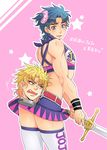  anger_vein blonde_hair blue_hair cheerleader cosplay dio_brando fangs jojo_no_kimyou_na_bouken jonathan_joestar juliet_starling juliet_starling_(cosplay) lollipop_chainsaw multiple_boys nightcat parody short_twintails sword thighhighs twintails weapon zettai_ryouiki 