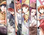  4boys apron bibi black_hair blue_eyes brand_name_imitation brown_hair closed_eyes employee_uniform food glasses grin ibusaki_shun isshiki_satoshi long_hair marui_zenji multiple_boys multiple_girls naked_apron opaque_glasses orange_hair red_eyes rice sakaki_ryouko shokugeki_no_souma short_hair smile smoke uniform yellow_eyes yoshino_yuuki yukihira_souma 